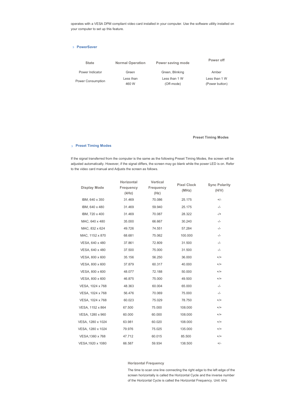 Powersaver, Preset timing modes | Samsung 570DXN User Manual | Page 155 / 164