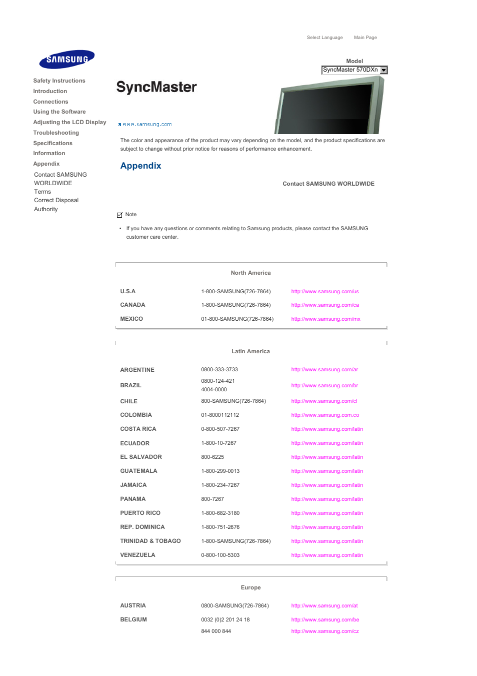 Appendix, Contact samsung worldwide | Samsung 570DXN User Manual | Page 161 / 164