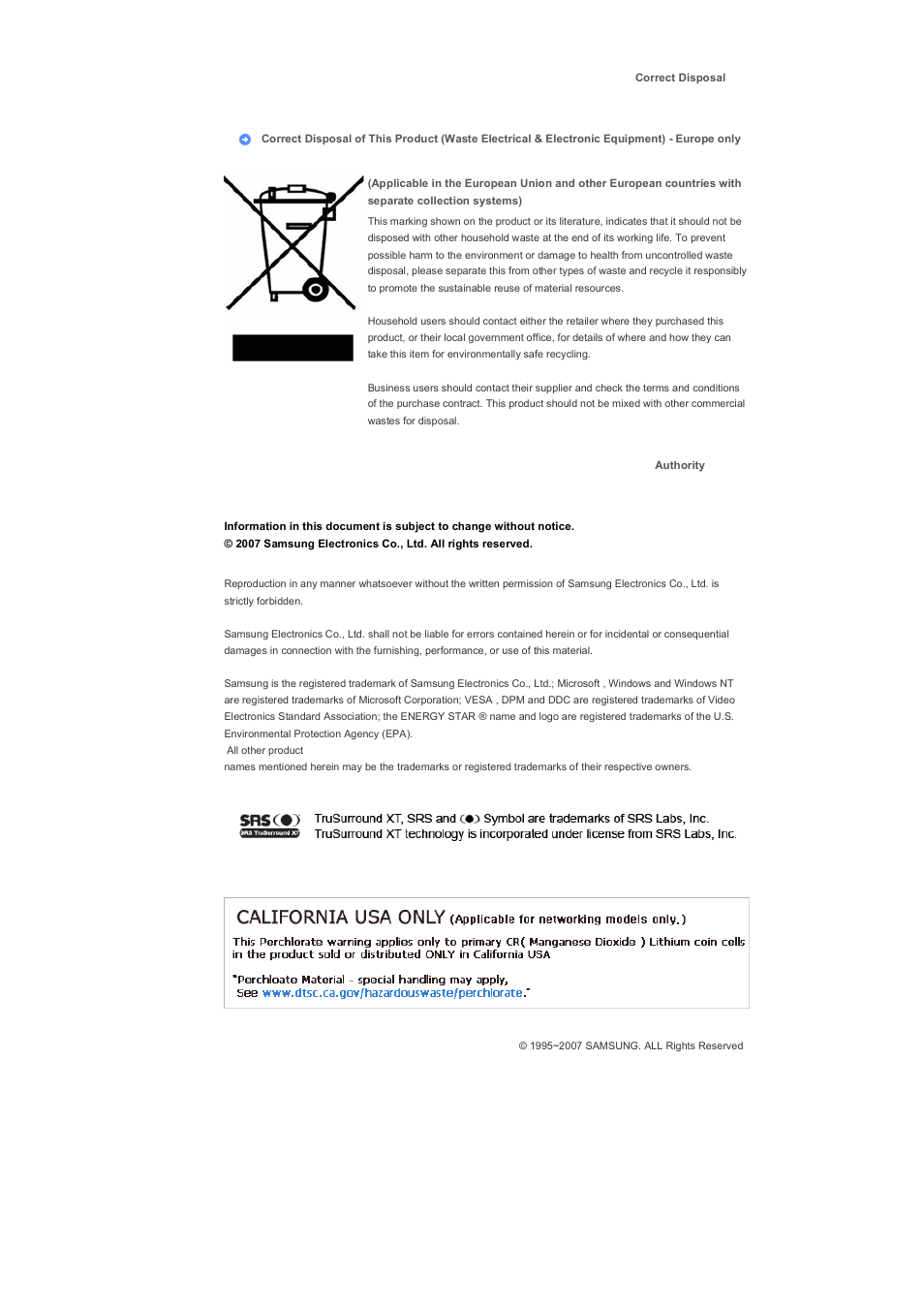 Correct disposal, Authority | Samsung 570DXN User Manual | Page 164 / 164