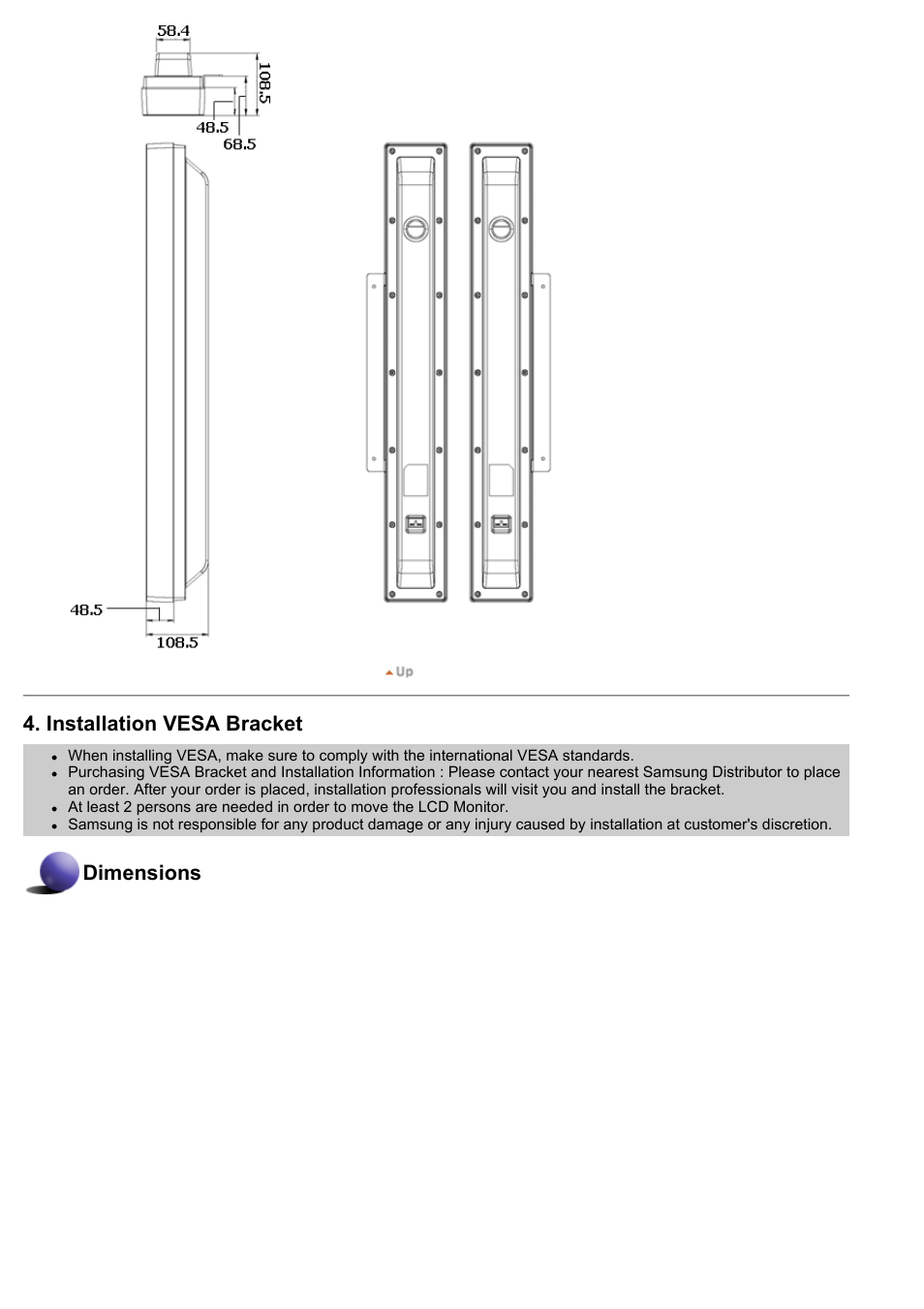 Installation vesa bracket, Dimensions | Samsung 570DXN User Manual | Page 21 / 164