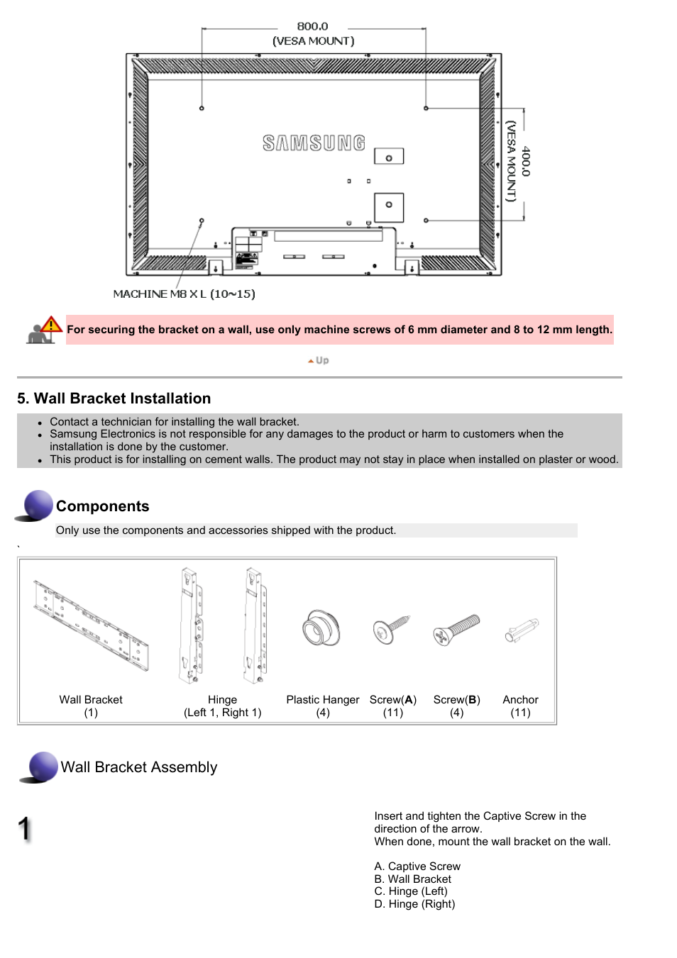 Wall bracket installation, Components, Wall bracket assembly | Samsung 570DXN User Manual | Page 22 / 164