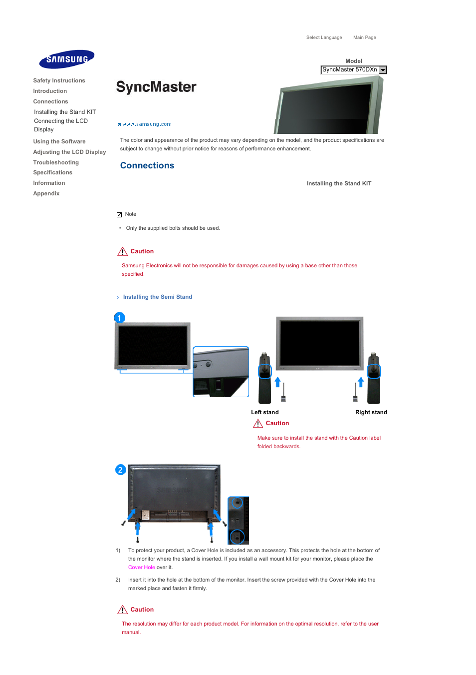 Connections, Installing the stand kit | Samsung 570DXN User Manual | Page 26 / 164