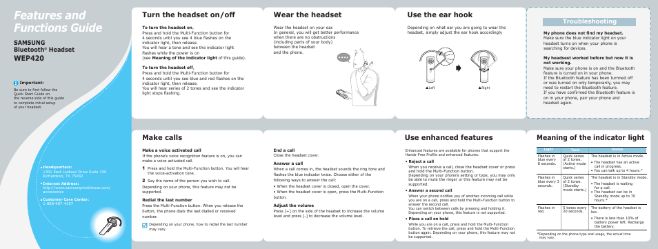 Features and functions guide, Wep420, Turn the headset on/off | Make calls, Use the ear hook, Samsung bluetooth, Headset, Troubleshooting | Samsung GH68-12483A User Manual | Page 2 / 2