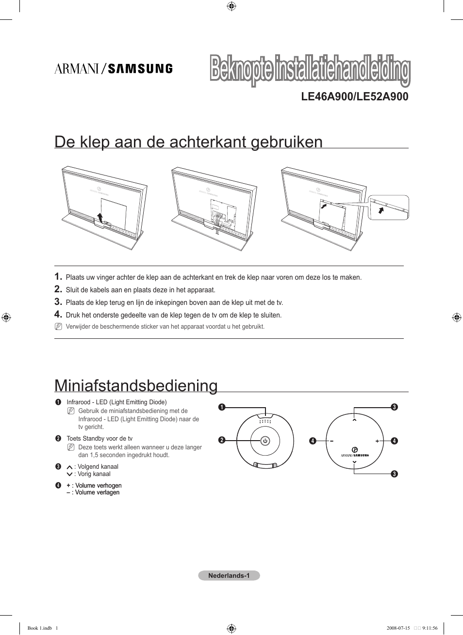 Beknopte installatiehandleiding, De klep aan de achterkant gebruiken, Miniafstandsbediening | Samsung LE52A900 User Manual | Page 13 / 32