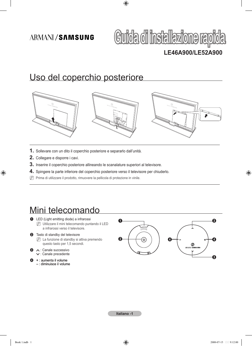 Guida di installazione rapida, Uso del coperchio posteriore, Mini telecomando | Samsung LE52A900 User Manual | Page 17 / 32