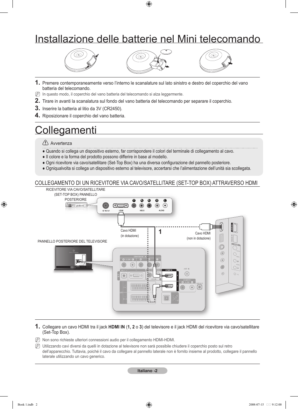 Collegamenti, Installazione delle batterie nel mini telecomando | Samsung LE52A900 User Manual | Page 18 / 32