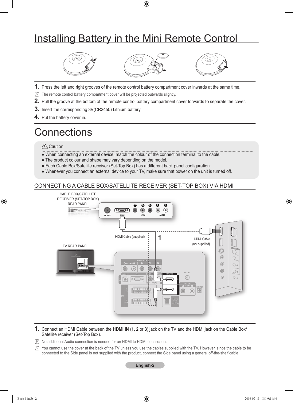 Connections, Installing battery in the mini remote control | Samsung LE52A900 User Manual | Page 2 / 32