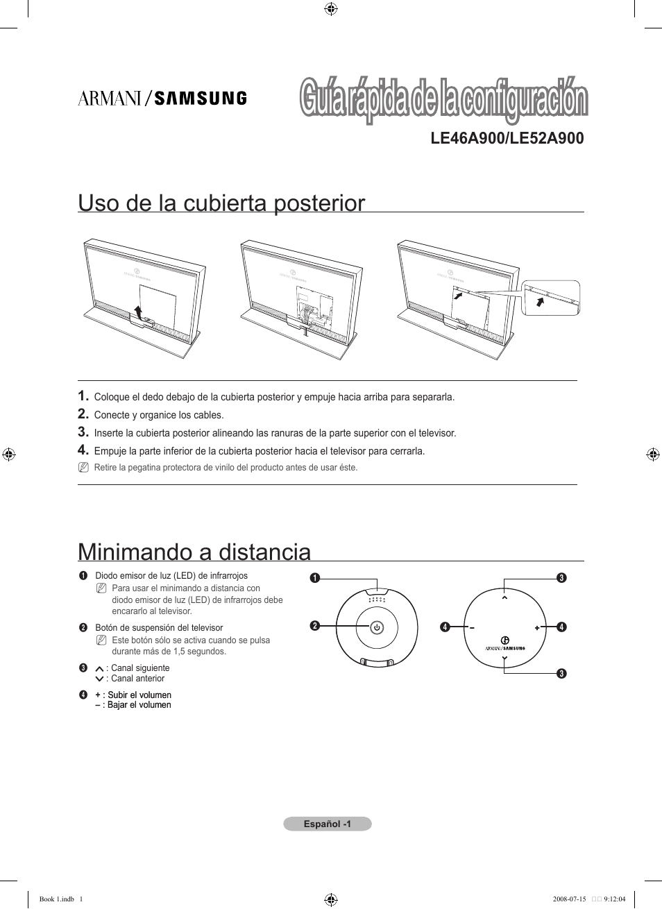 Guía rápida de la configuración, Uso de la cubierta posterior, Minimando a distancia | Samsung LE52A900 User Manual | Page 21 / 32