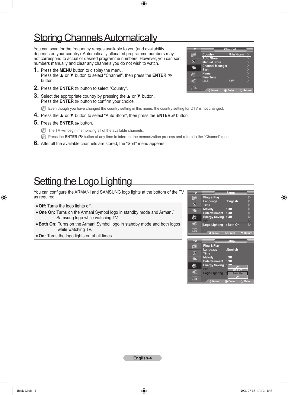 Storing channels automatically, Setting the logo lighting | Samsung LE52A900 User Manual | Page 4 / 32