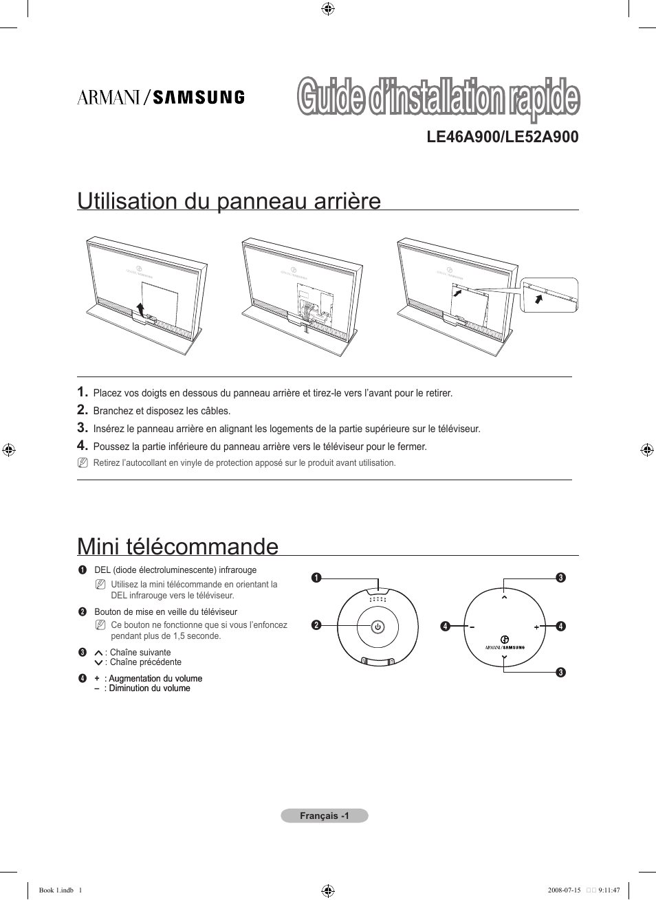 Guide d’installation rapide, Utilisation du panneau arrière, Mini télécommande | Samsung LE52A900 User Manual | Page 5 / 32