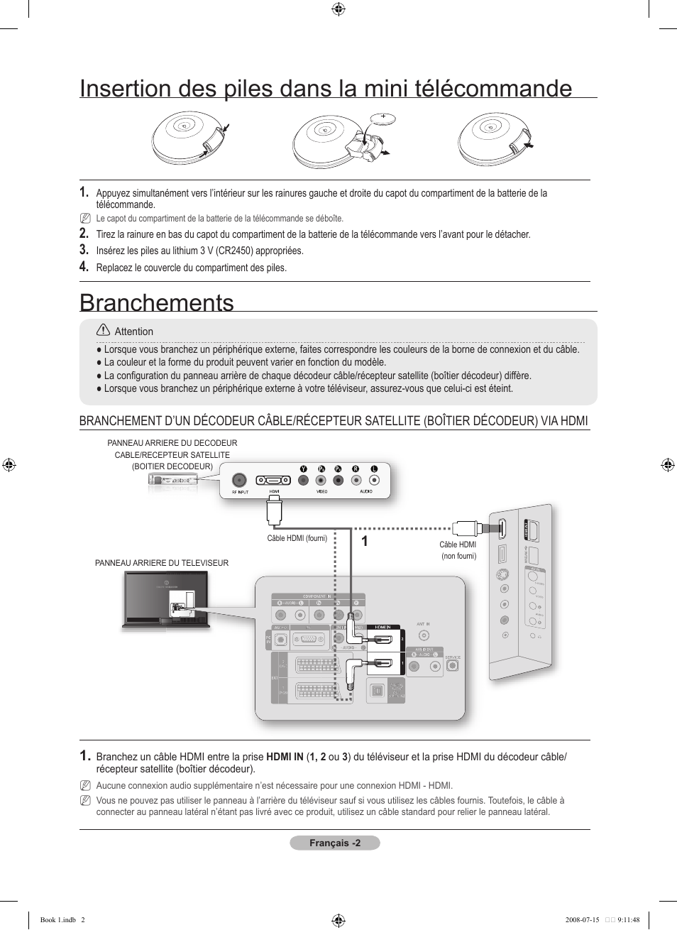 Branchements, Insertion des piles dans la mini télécommande | Samsung LE52A900 User Manual | Page 6 / 32