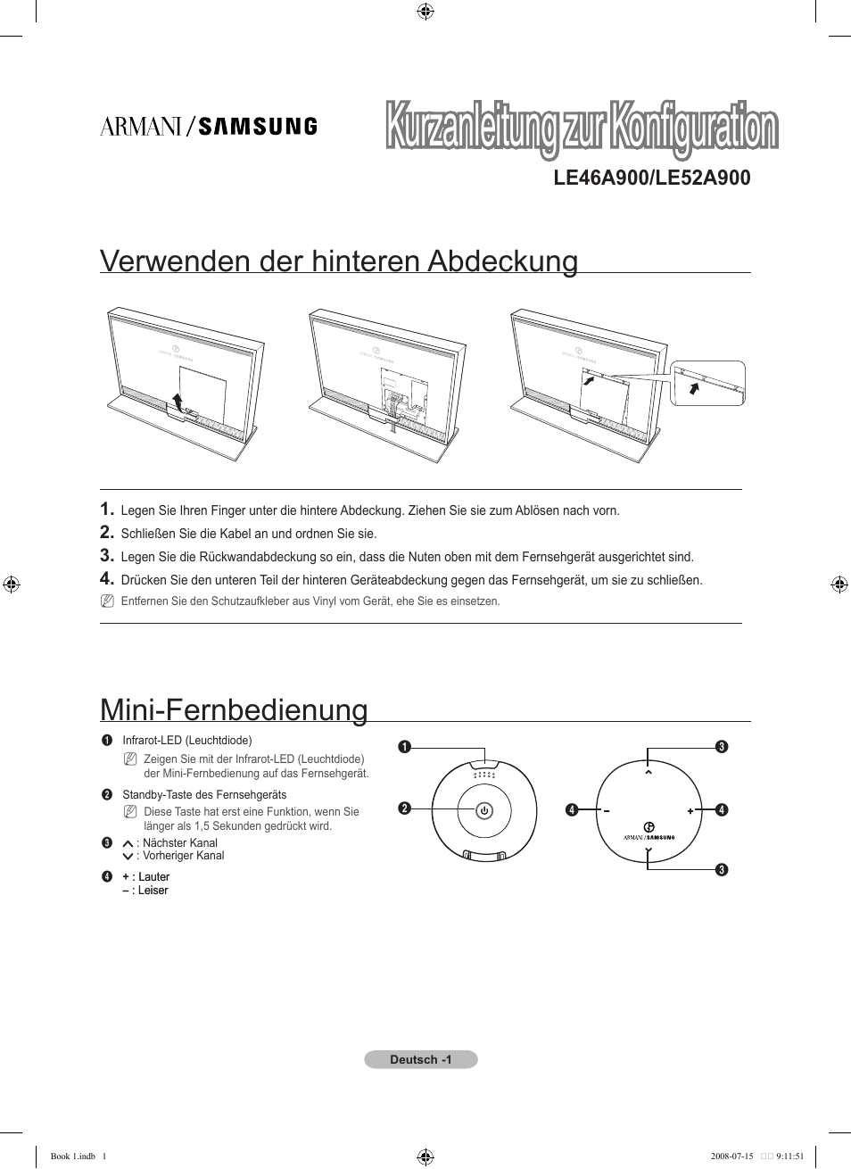 Kurzanleitung zur konfiguration, Verwenden der hinteren abdeckung, Mini-fernbedienung | Samsung LE52A900 User Manual | Page 9 / 32