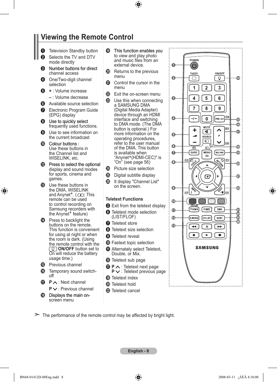 Viewing the remote control | Samsung BN68-01412D-00 User Manual | Page 10 / 72