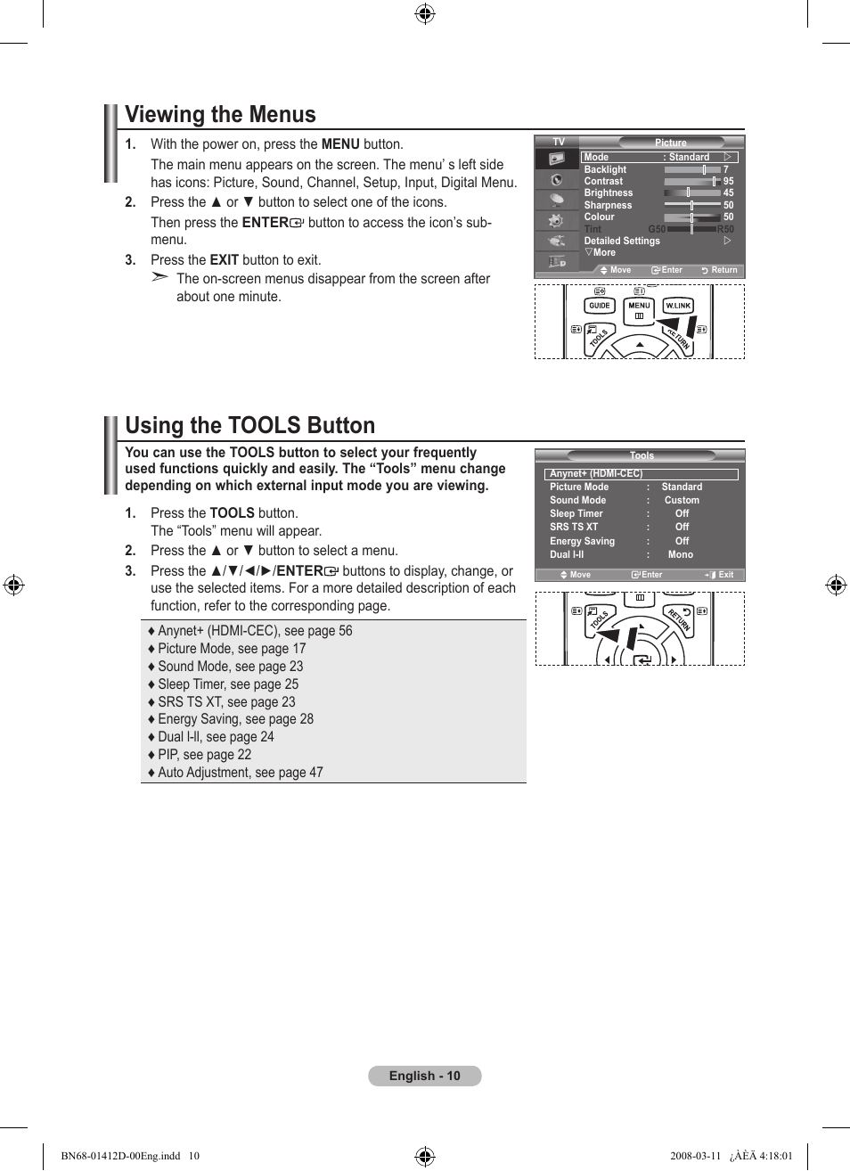 Viewing the menus, Using the tools button | Samsung BN68-01412D-00 User Manual | Page 12 / 72
