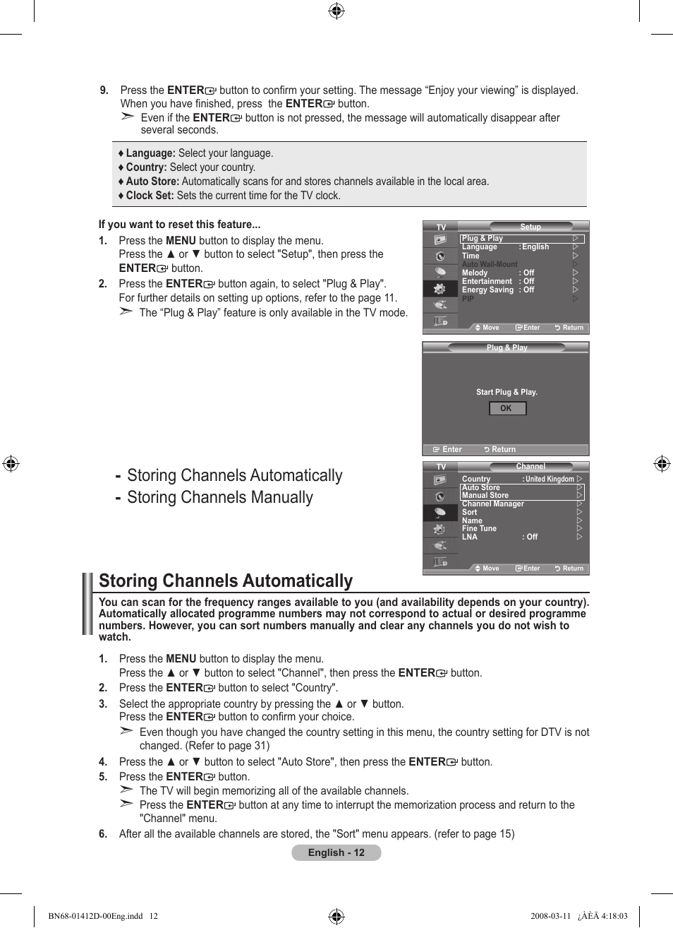 Setting the channels, Storing channels automatically | Samsung BN68-01412D-00 User Manual | Page 14 / 72