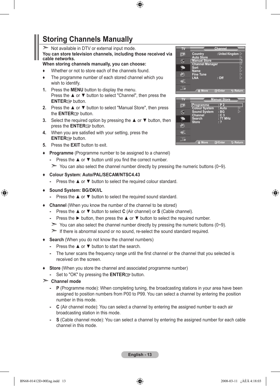 Storing channels manually | Samsung BN68-01412D-00 User Manual | Page 15 / 72