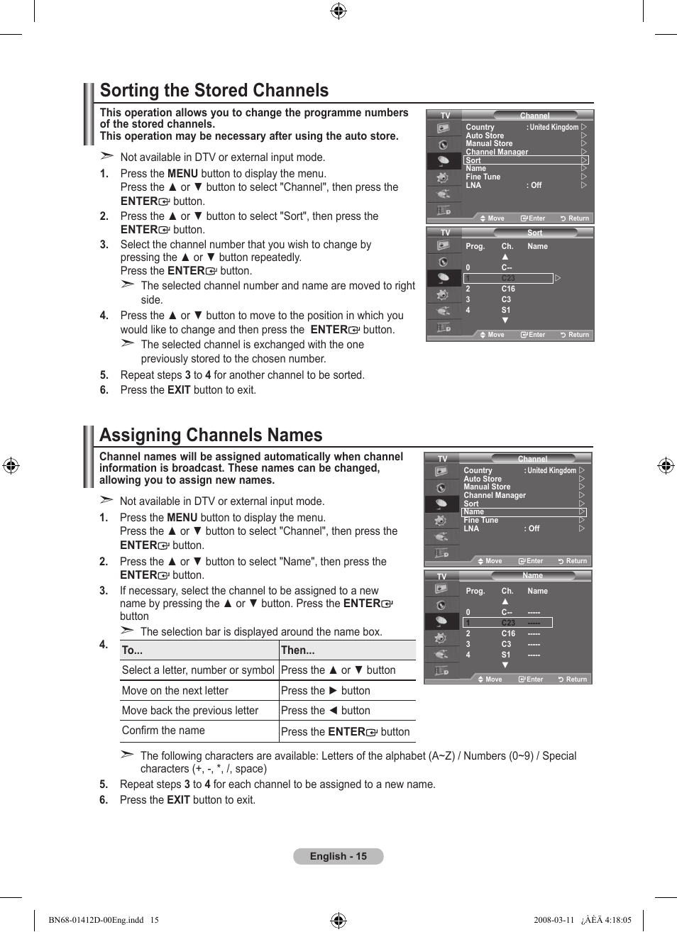 Sorting the stored channels, Assigning channels names | Samsung BN68-01412D-00 User Manual | Page 17 / 72