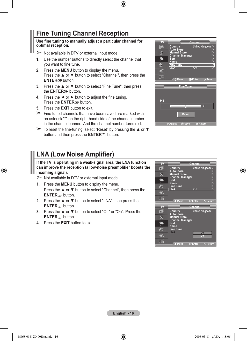 Fine tuning channel reception, Lna (low noise amplifier) | Samsung BN68-01412D-00 User Manual | Page 18 / 72