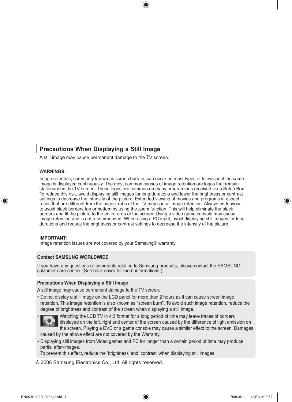 Precautions when displaying a still image | Samsung BN68-01412D-00 User Manual | Page 2 / 72