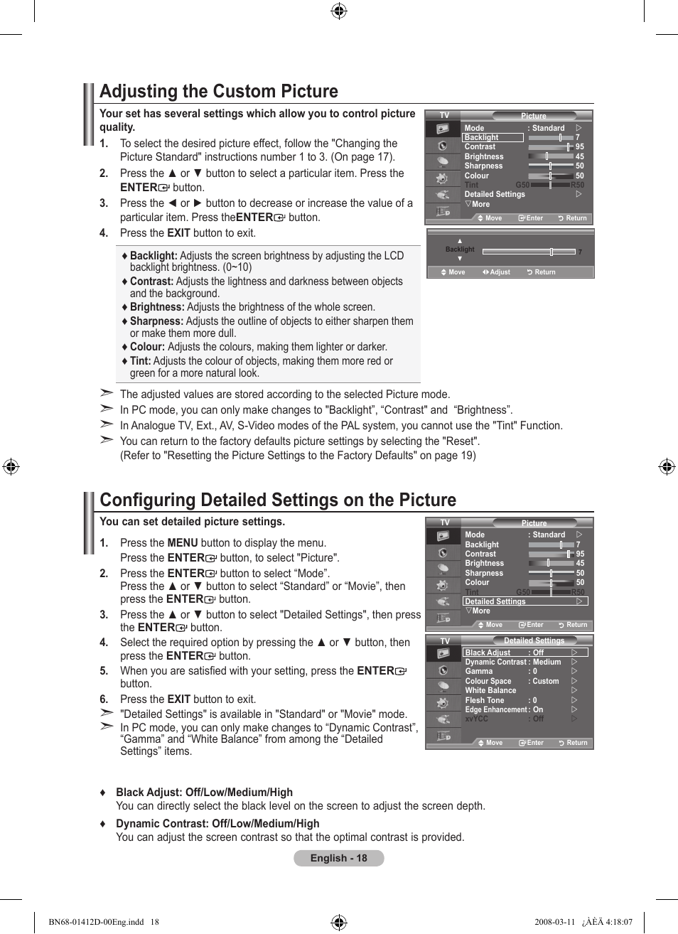 Adjusting the custom picture, Configuring detailed settings on the picture | Samsung BN68-01412D-00 User Manual | Page 20 / 72