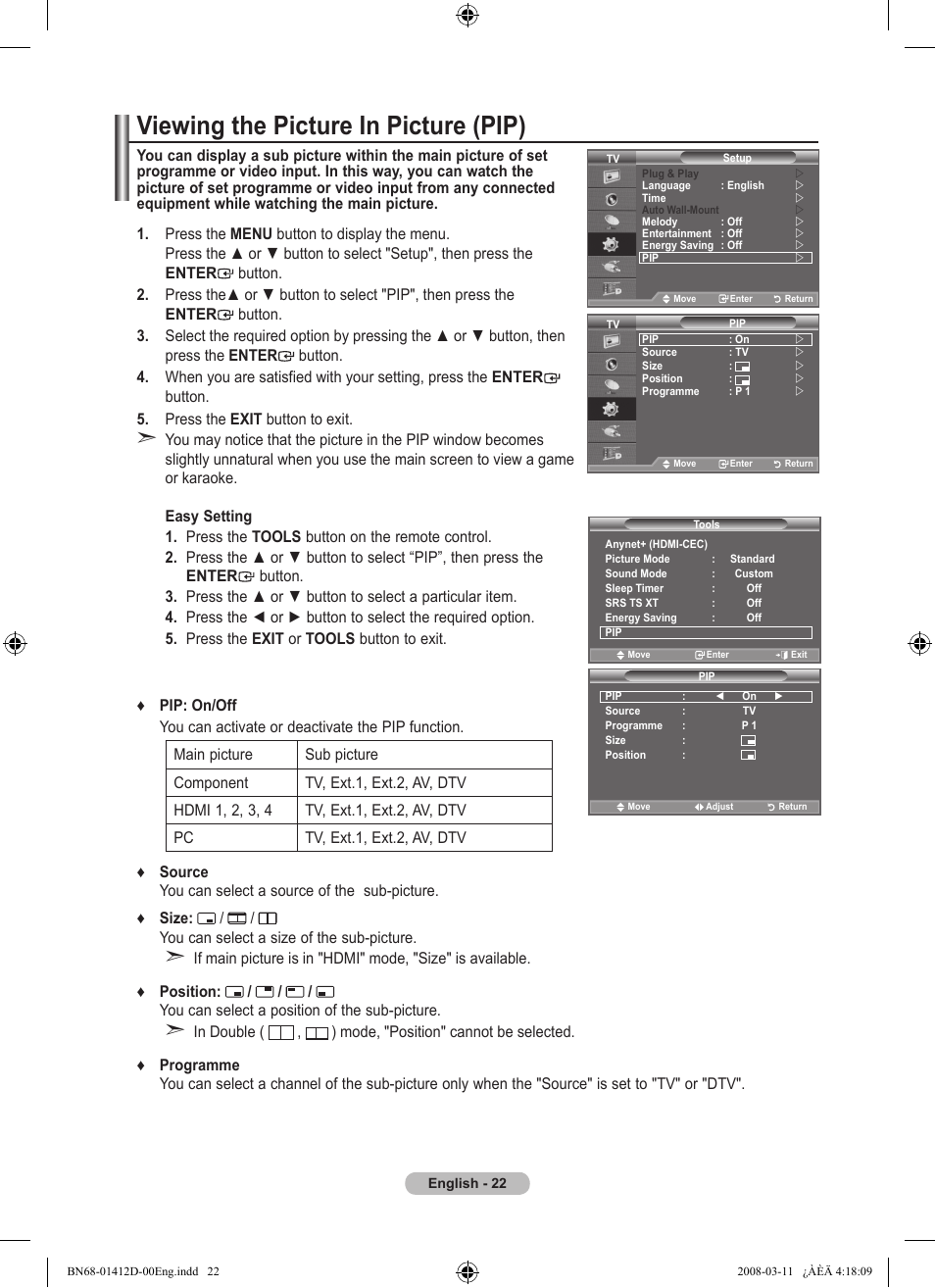 Viewing the picture in picture (pip) | Samsung BN68-01412D-00 User Manual | Page 24 / 72