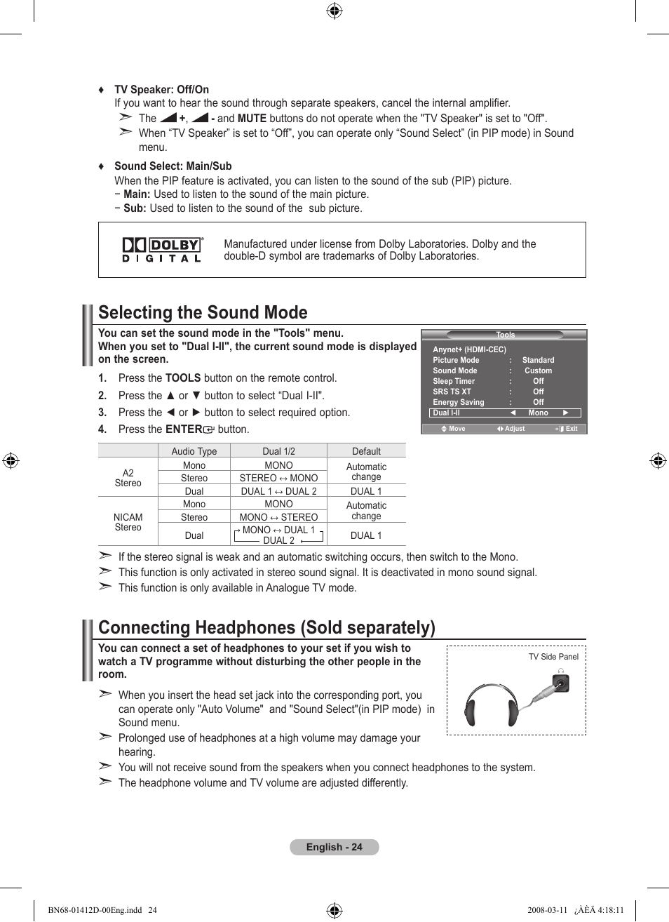 Selecting the sound mode, Connecting headphones (sold separately) | Samsung BN68-01412D-00 User Manual | Page 26 / 72