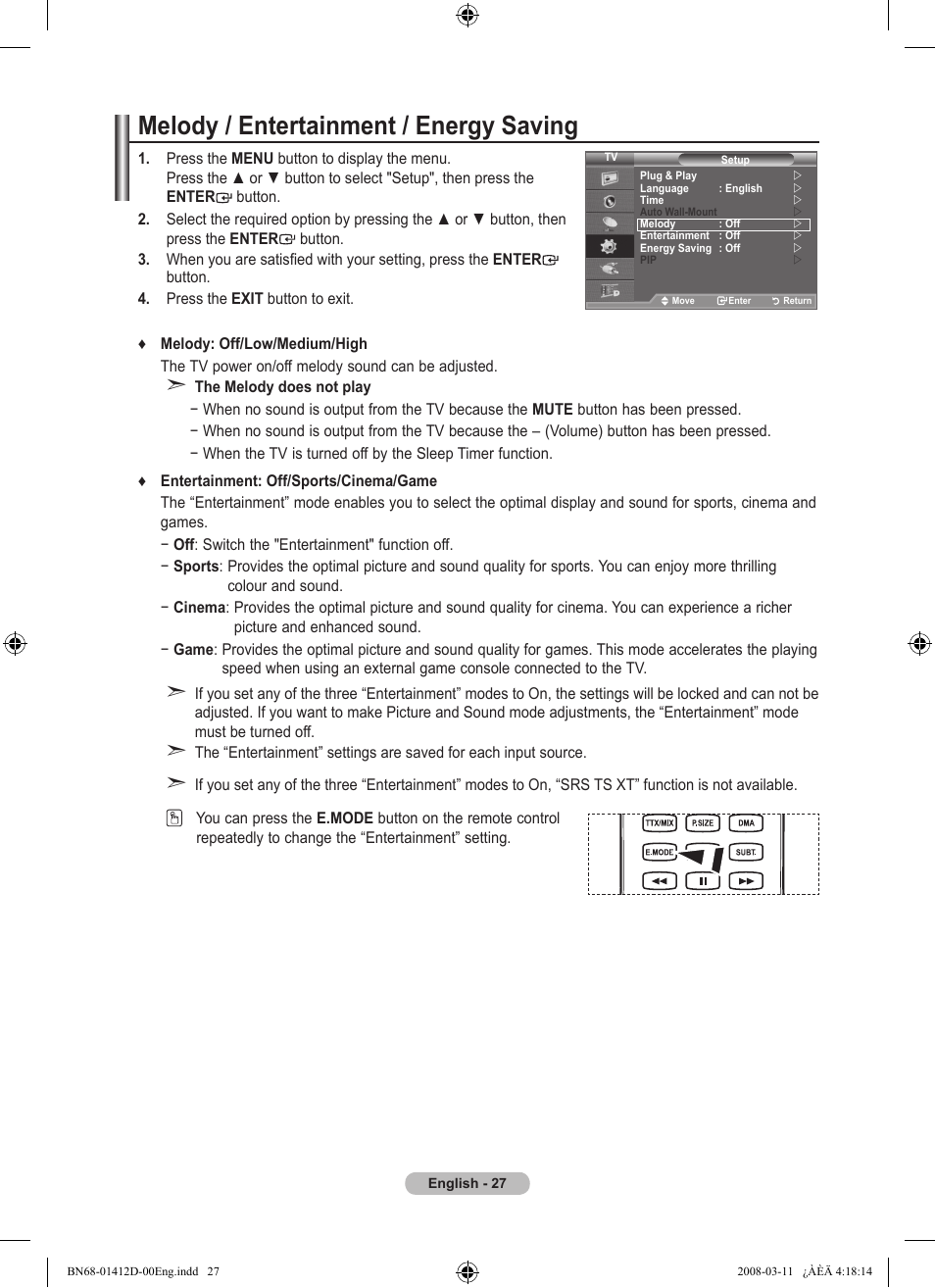 Melody / entertainment / energy saving | Samsung BN68-01412D-00 User Manual | Page 29 / 72