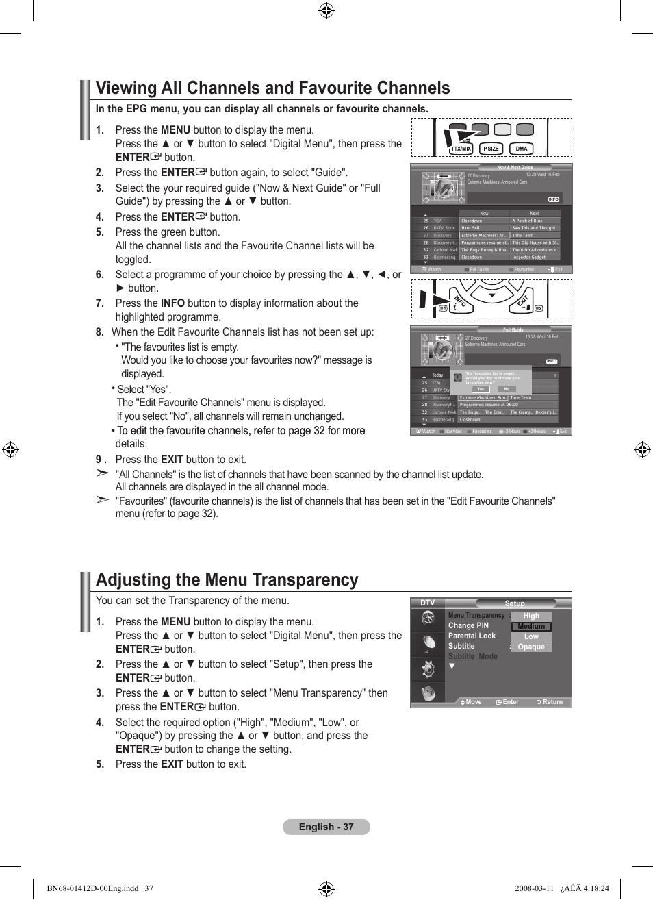 Viewing all channels and favourite channels, Adjusting the menu transparency | Samsung BN68-01412D-00 User Manual | Page 39 / 72