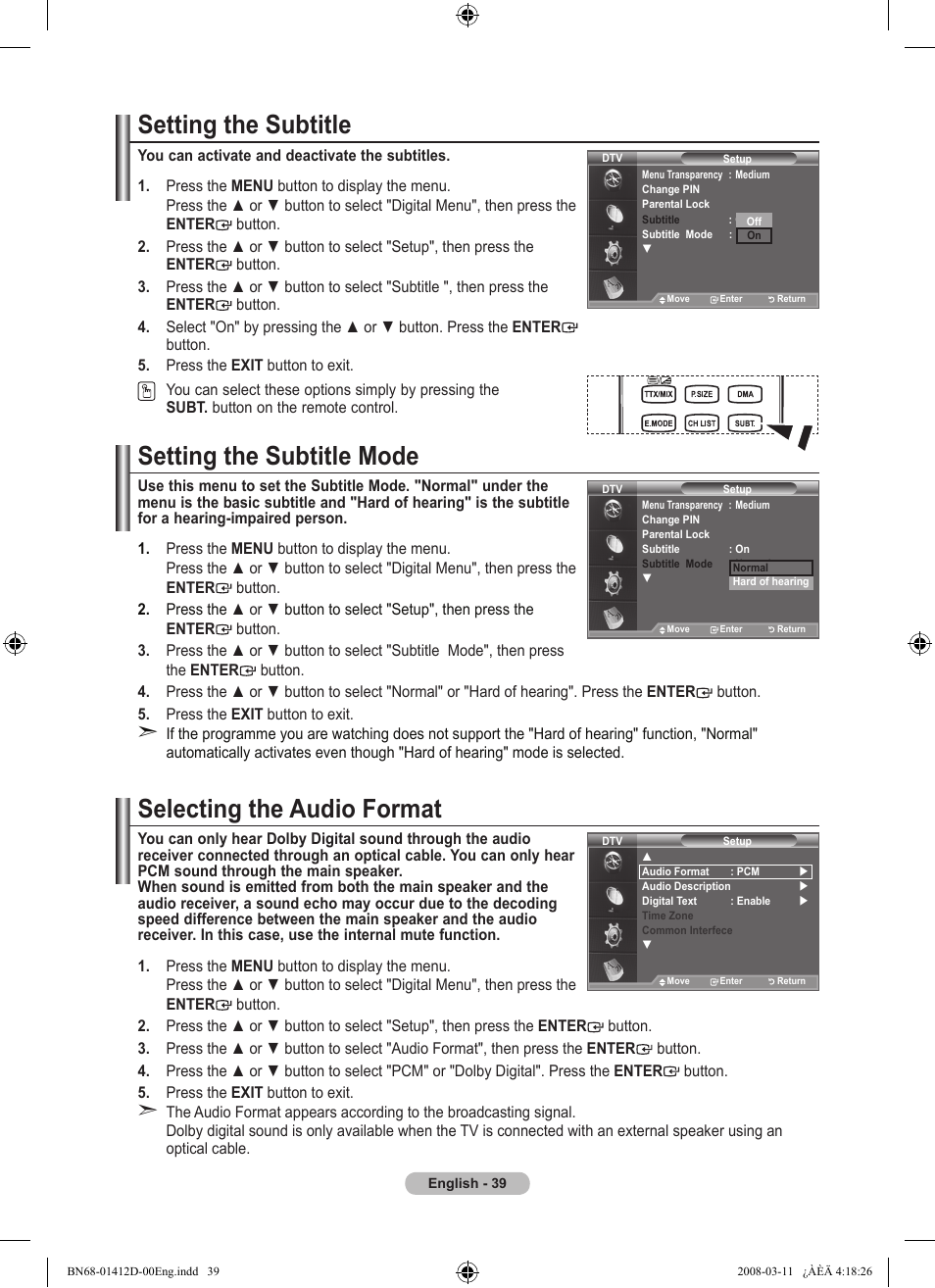 Setting the subtitle, Setting the subtitle mode, Selecting the audio format | Samsung BN68-01412D-00 User Manual | Page 41 / 72
