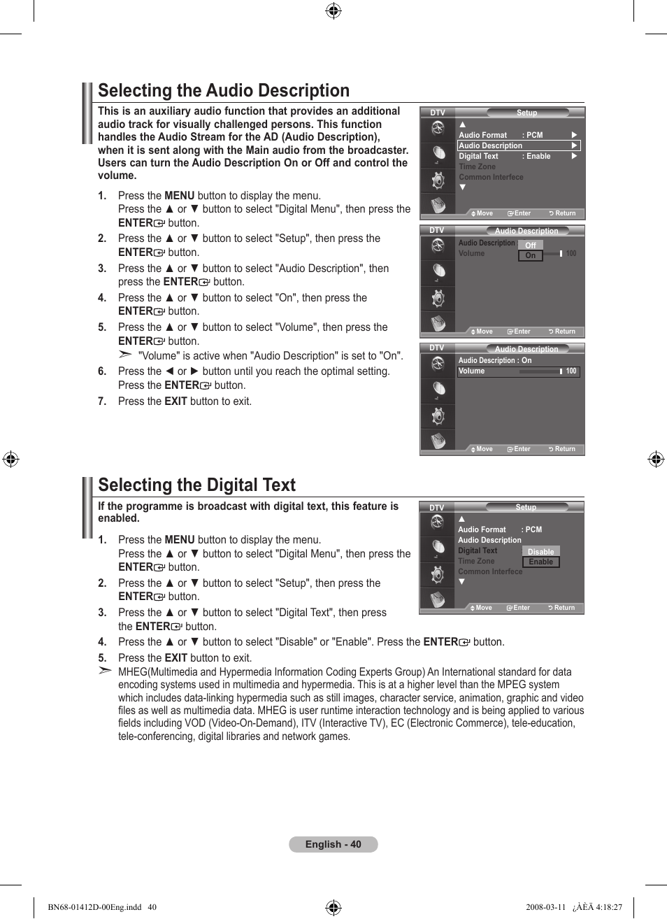 Selecting the audio description, Selecting the digital text (uk only), Selecting the digital text | Samsung BN68-01412D-00 User Manual | Page 42 / 72