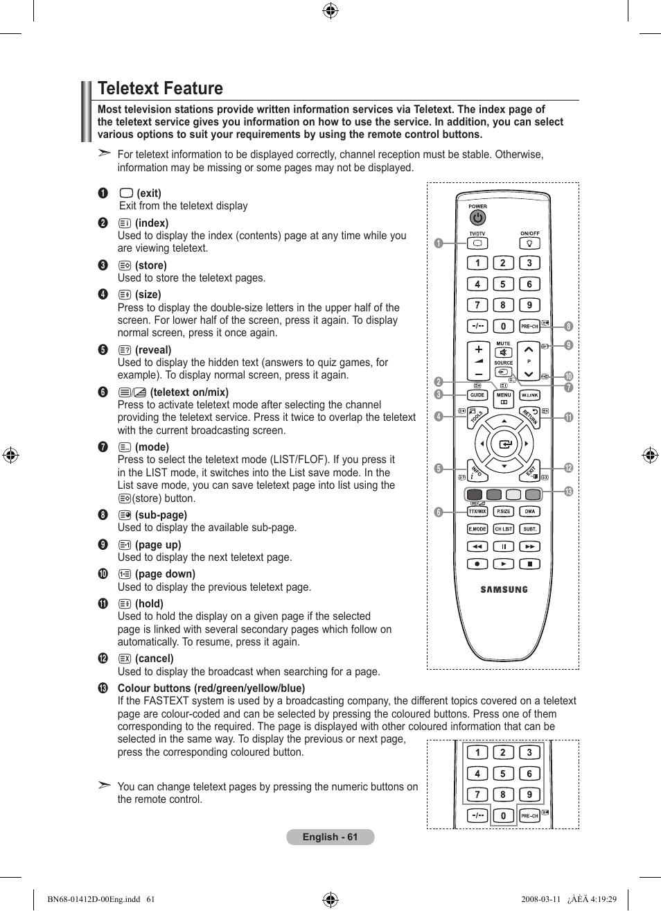 Recommendations for use, Teletext feature | Samsung BN68-01412D-00 User Manual | Page 63 / 72