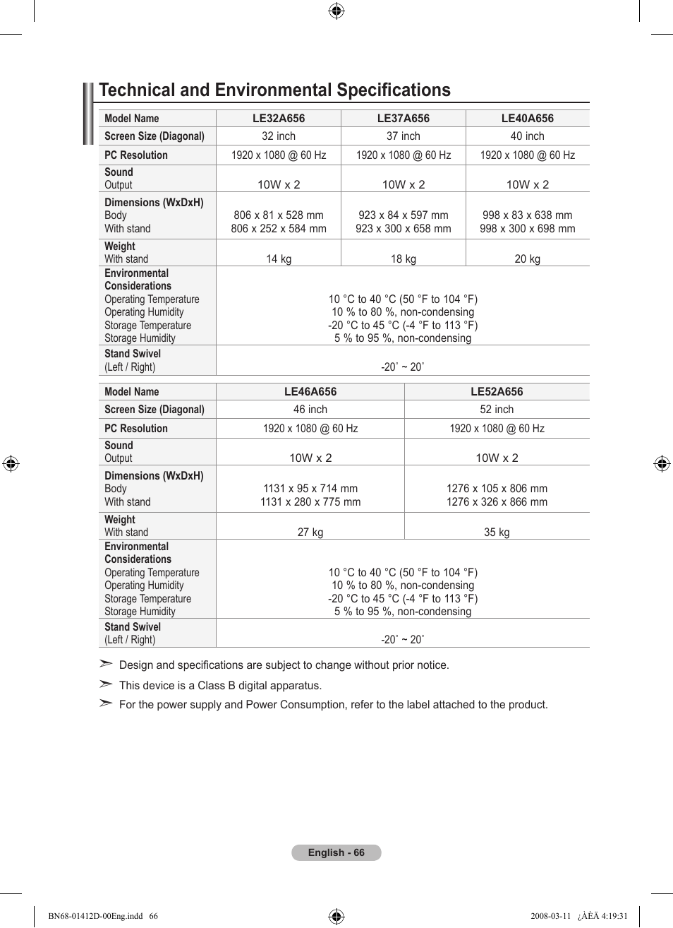 Technical and environmental specifications | Samsung BN68-01412D-00 User Manual | Page 68 / 72