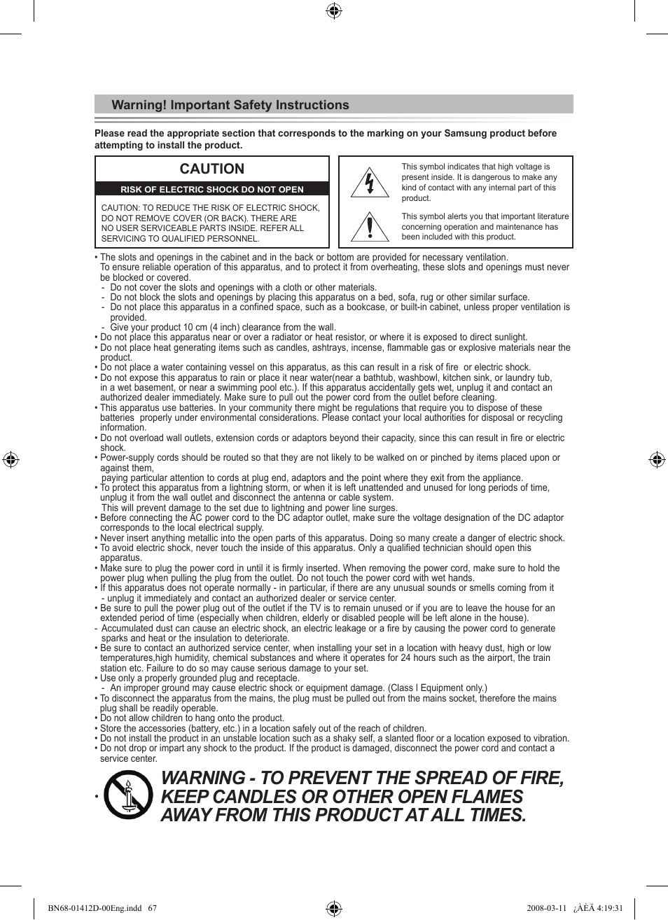 Caution, Warning! important safety instructions | Samsung BN68-01412D-00 User Manual | Page 69 / 72