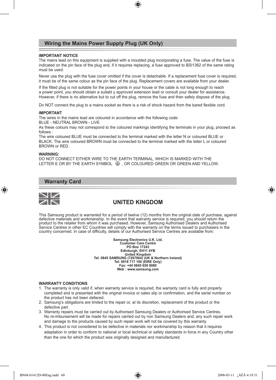 United kingdom, Wiring the mains power supply plug (uk only), Warranty card | Samsung BN68-01412D-00 User Manual | Page 70 / 72