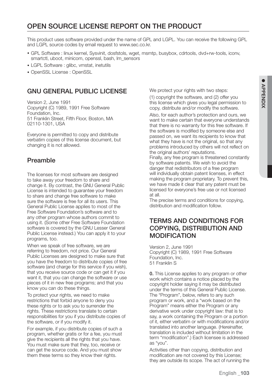 Open source license report on the product, Gnu general public license, Preamble | Samsung SHR-7160 User Manual | Page 103 / 120