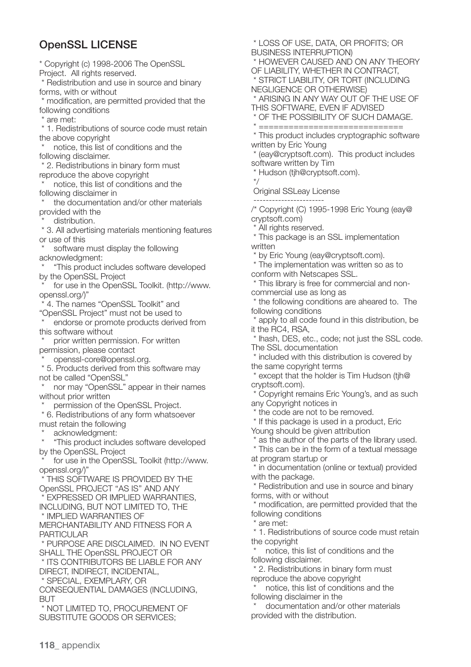 Openssl license | Samsung SHR-7160 User Manual | Page 118 / 120