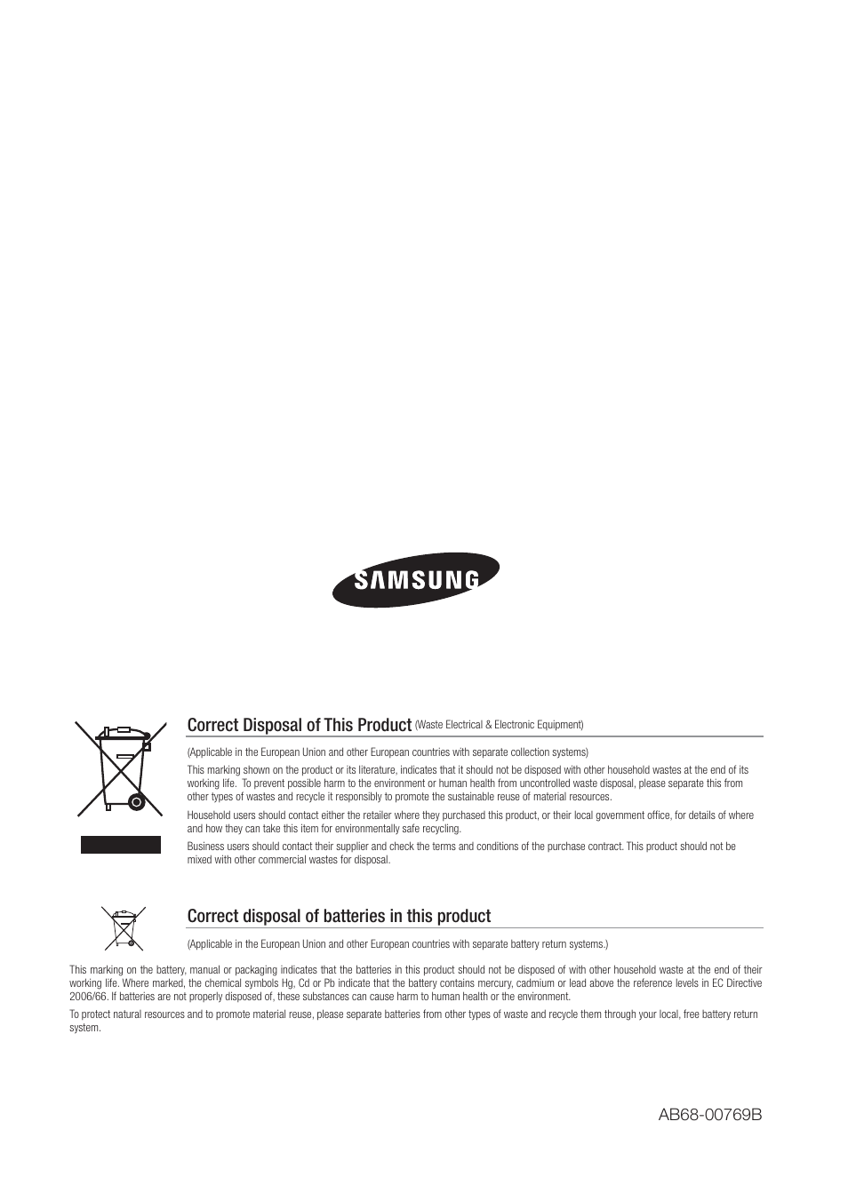Correct disposal of this product, Correct disposal of batteries in this product | Samsung SHR-7160 User Manual | Page 120 / 120