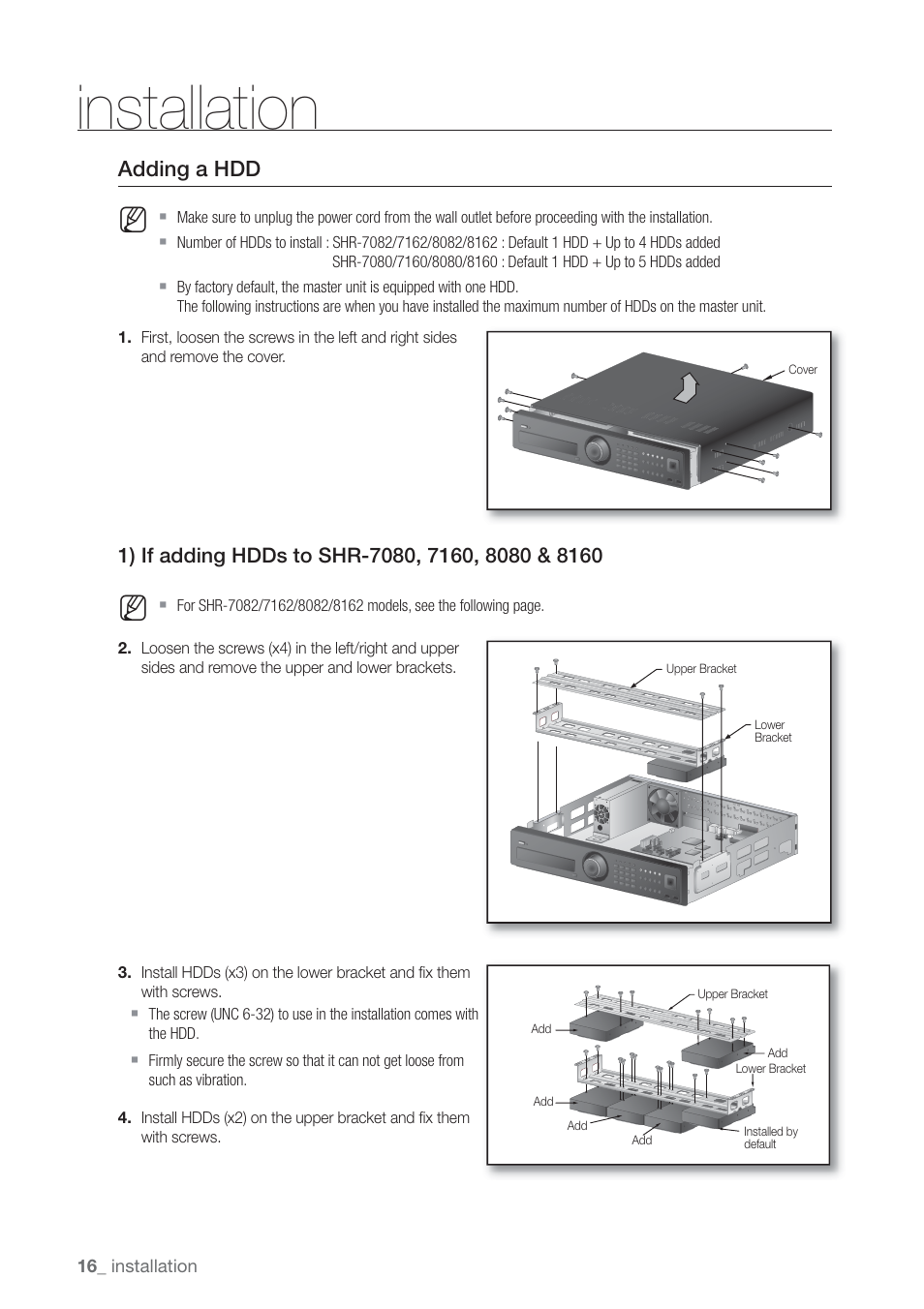Installation, Adding a hdd | Samsung SHR-7160 User Manual | Page 16 / 120