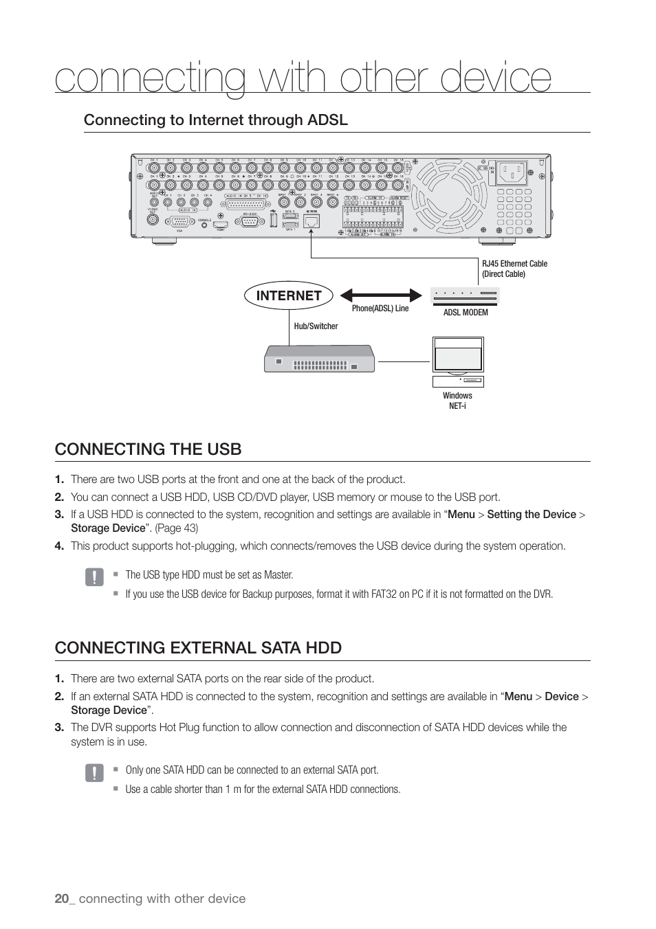 Connecting the usb, Connecting external sata hdd, Connecting with other device | Connecting to internet through adsl | Samsung SHR-7160 User Manual | Page 20 / 120