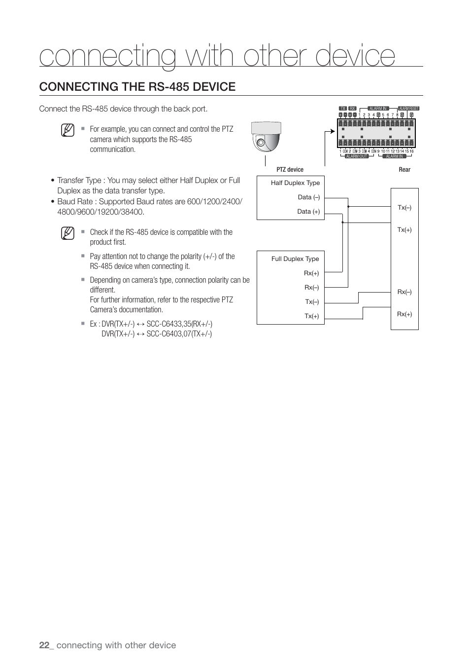 Connecting the rs-485 device, Connecting with other device | Samsung SHR-7160 User Manual | Page 22 / 120