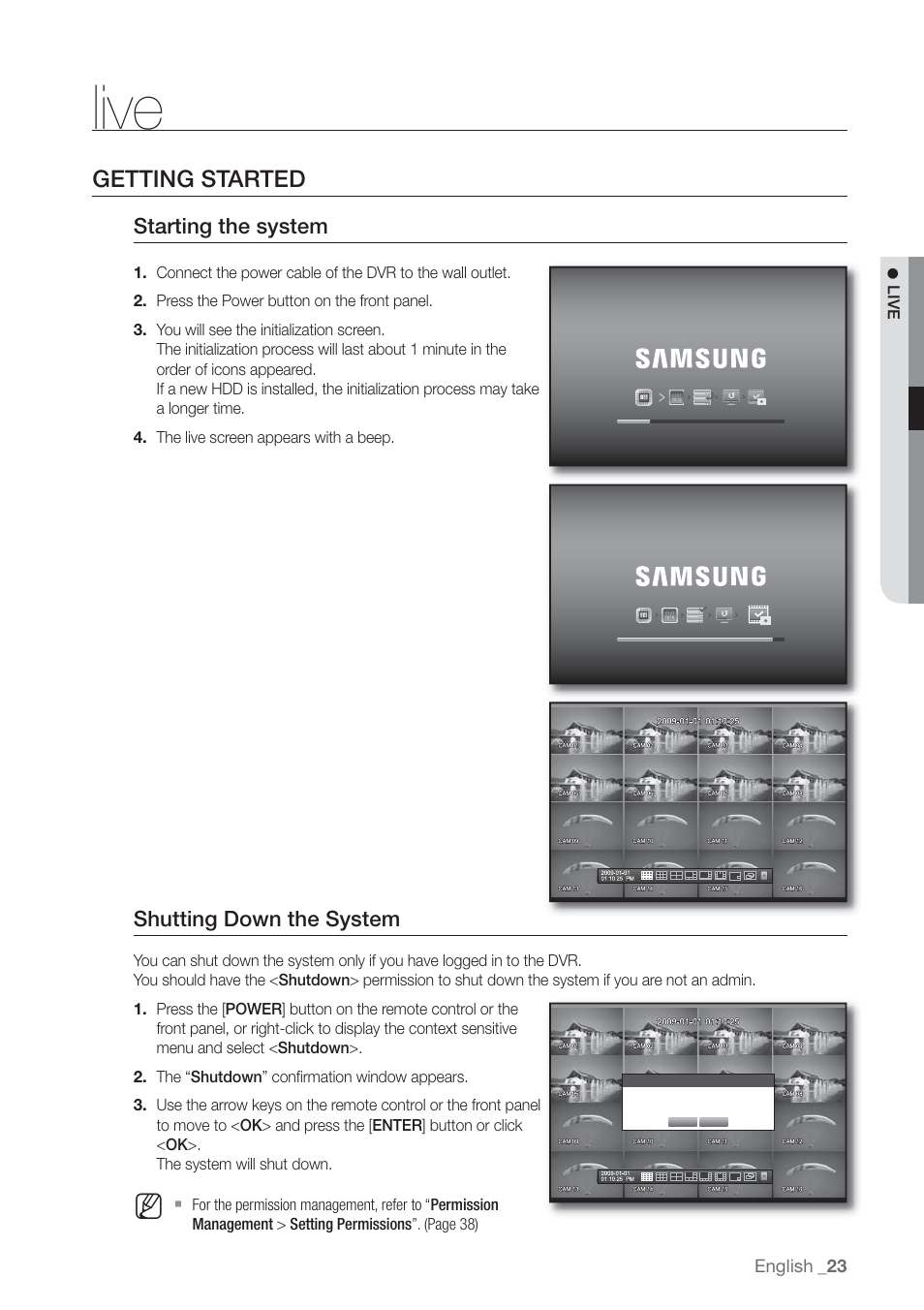 Live, Getting started, Starting the system | Shutting down the system | Samsung SHR-7160 User Manual | Page 23 / 120
