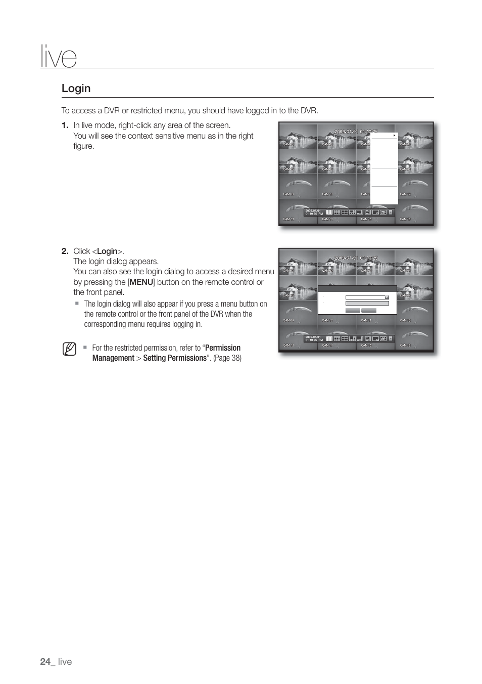 Login, Live | Samsung SHR-7160 User Manual | Page 24 / 120