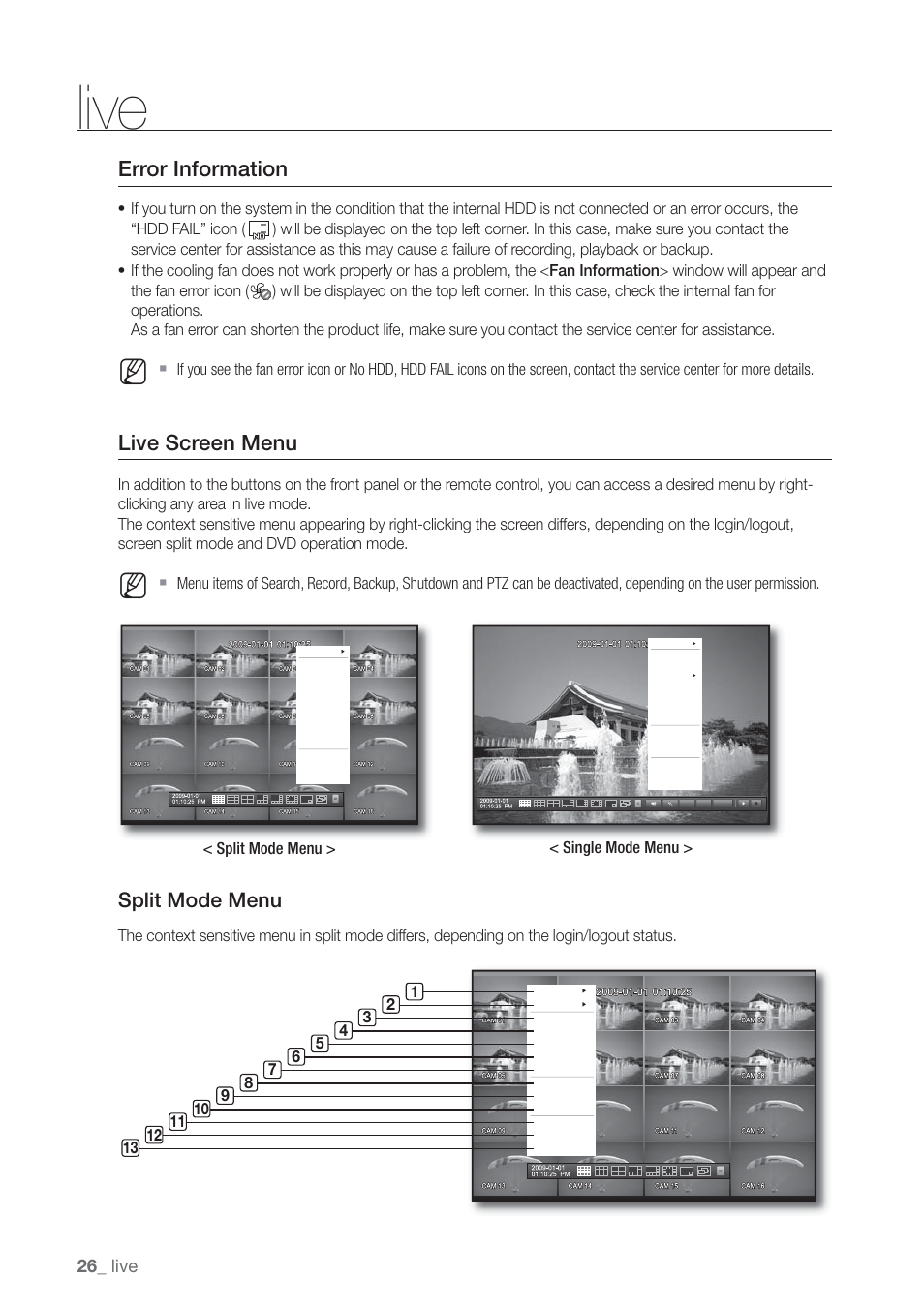 Error information, Live screen menu, Split mode menu | Live, Split mode menu > < single mode menu | Samsung SHR-7160 User Manual | Page 26 / 120