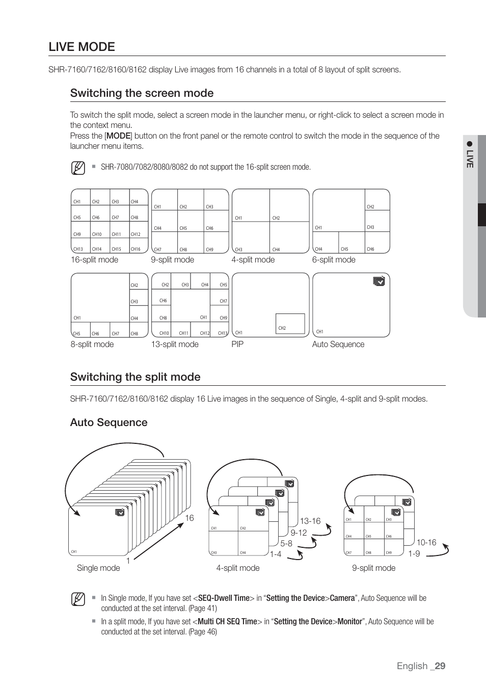 Live mode, Switching the screen mode, Switching the split mode | Auto sequence, English, Live, 1single mode | Samsung SHR-7160 User Manual | Page 29 / 120