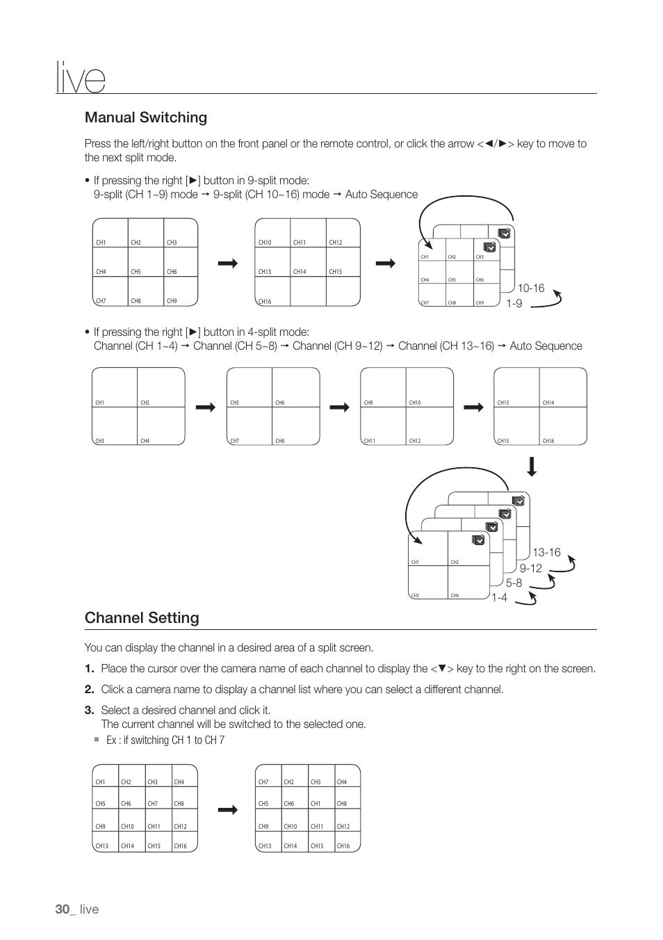 Channel setting, Manual switching, Live | Samsung SHR-7160 User Manual | Page 30 / 120