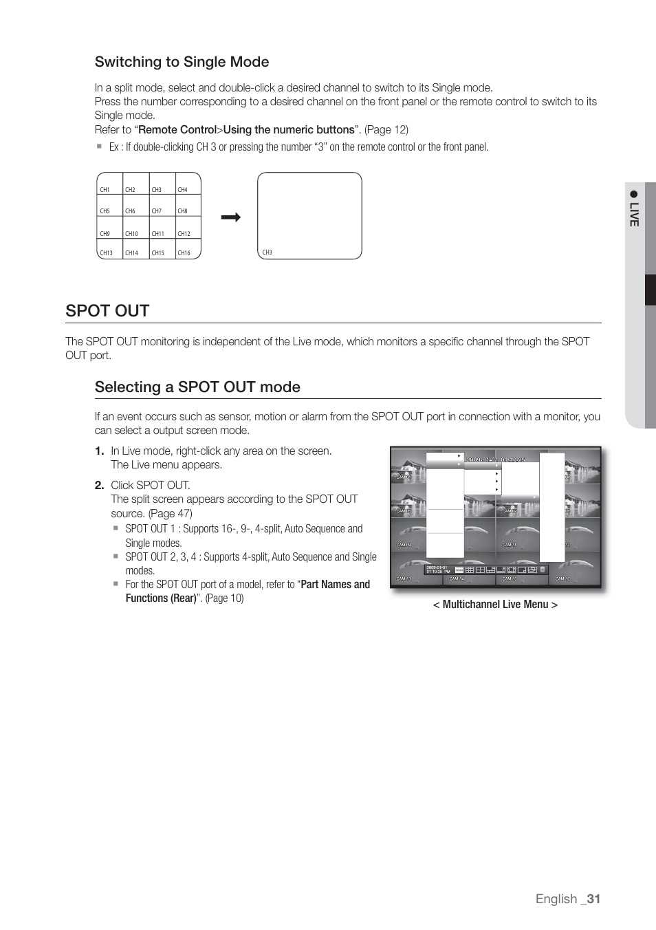 Spot out, Selecting a spot out mode, Switching to single mode | English, Live, Multichannel live menu | Samsung SHR-7160 User Manual | Page 31 / 120