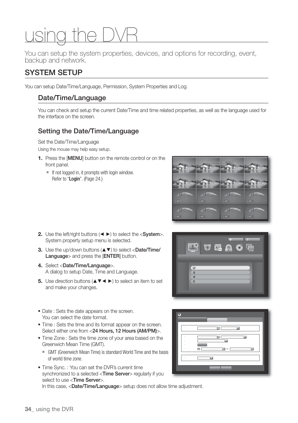 Using the dvr, System setup, Date/time/language | Setting the date/time/language | Samsung SHR-7160 User Manual | Page 34 / 120