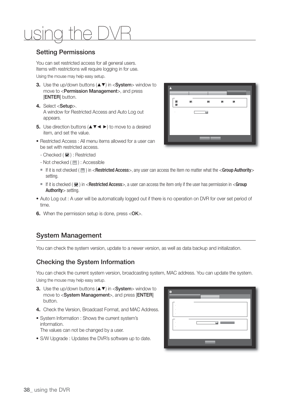 System management, Setting permissions, Checking the system information | Using the dvr | Samsung SHR-7160 User Manual | Page 38 / 120