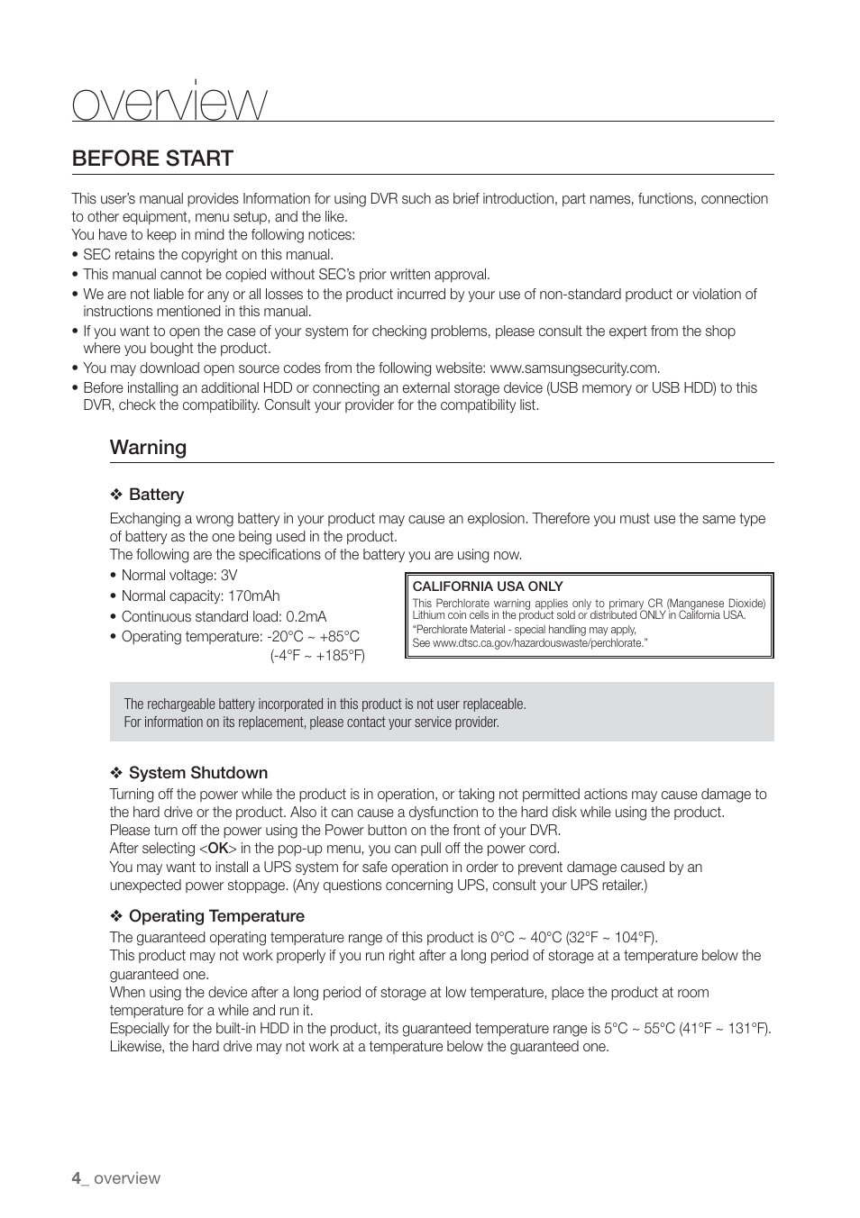 Before start, Overview | Samsung SHR-7160 User Manual | Page 4 / 120