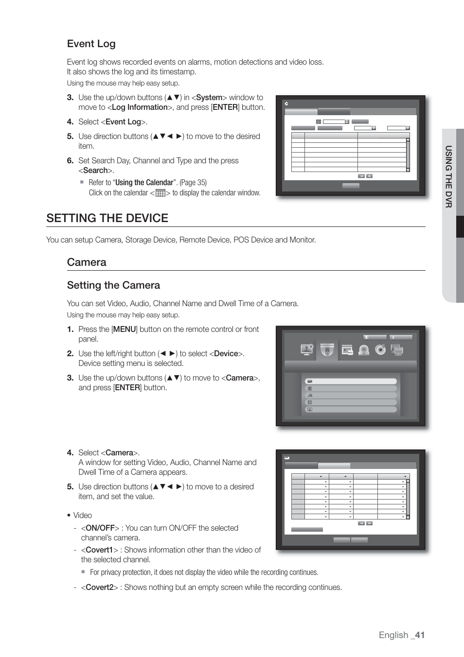 Setting the device, Camera, Event log | Setting the camera, English, Using the dvr, Using the mouse may help easy setup | Samsung SHR-7160 User Manual | Page 41 / 120